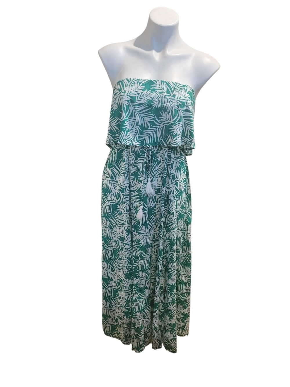 Green and White Strapless Leaf-Print Maxi Dress